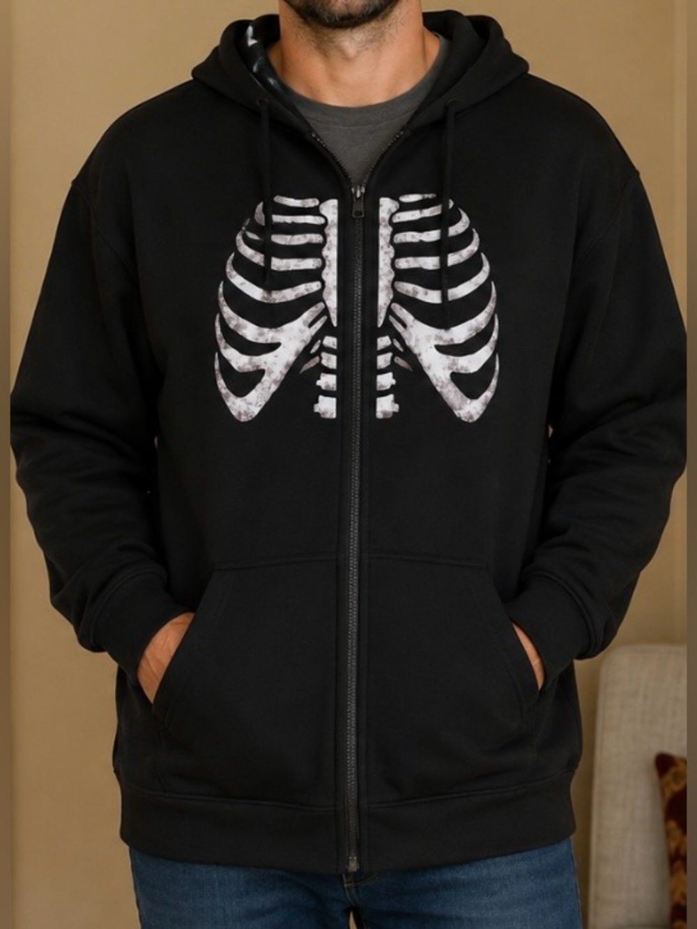 Unisex Black Skeleton Polyester Zip Up Hoodie